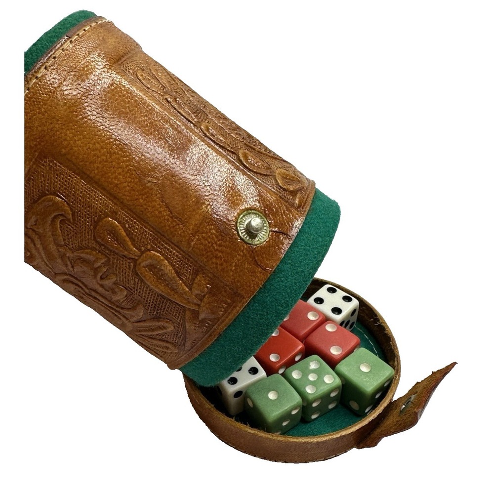 Mexican Dice Cup Embossed Leather Green Felt Lined Shaker Game Poker